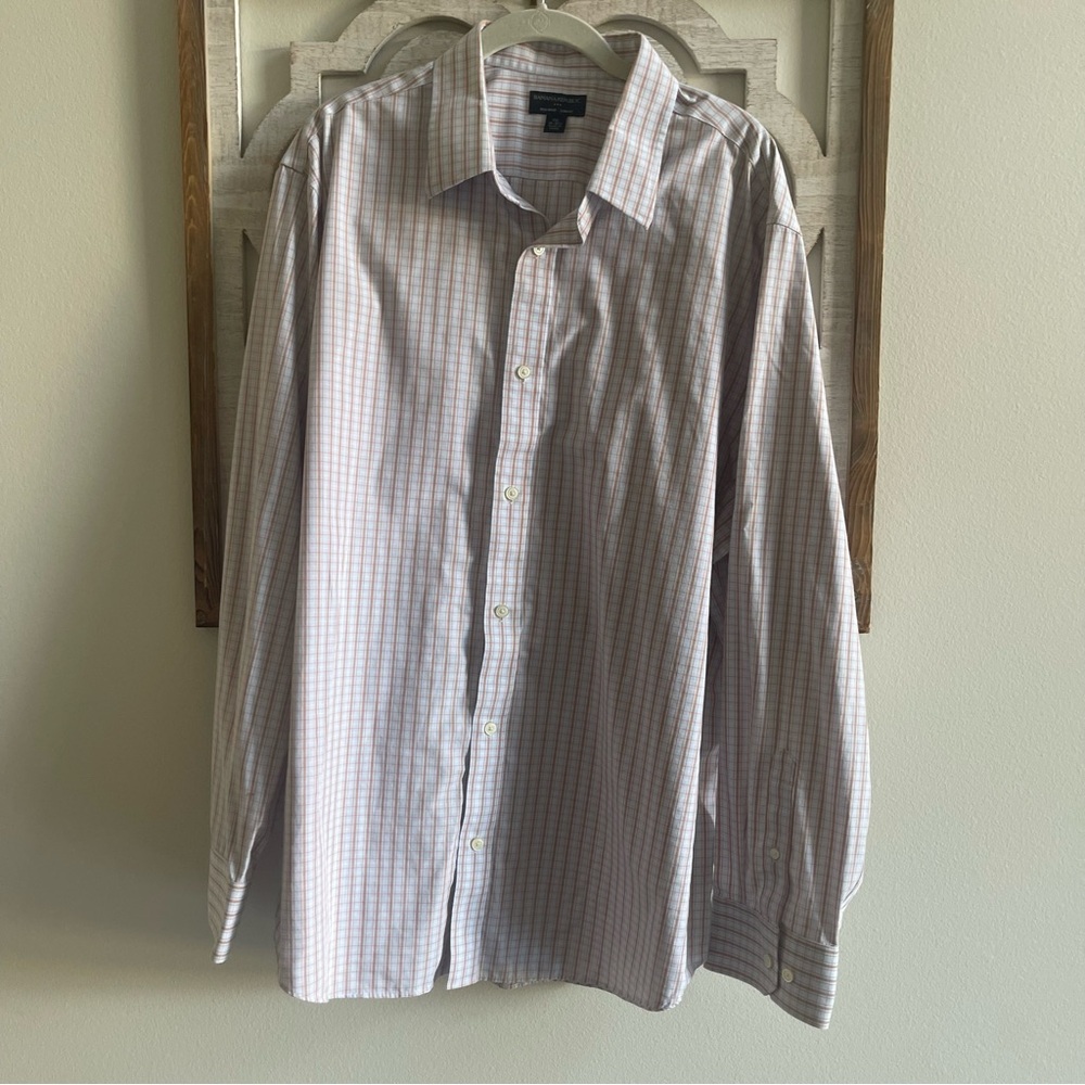 Banana‎ Republic Mens XXL Slim Fit Non Iron Plaid Dress Shirt Orange Blue White